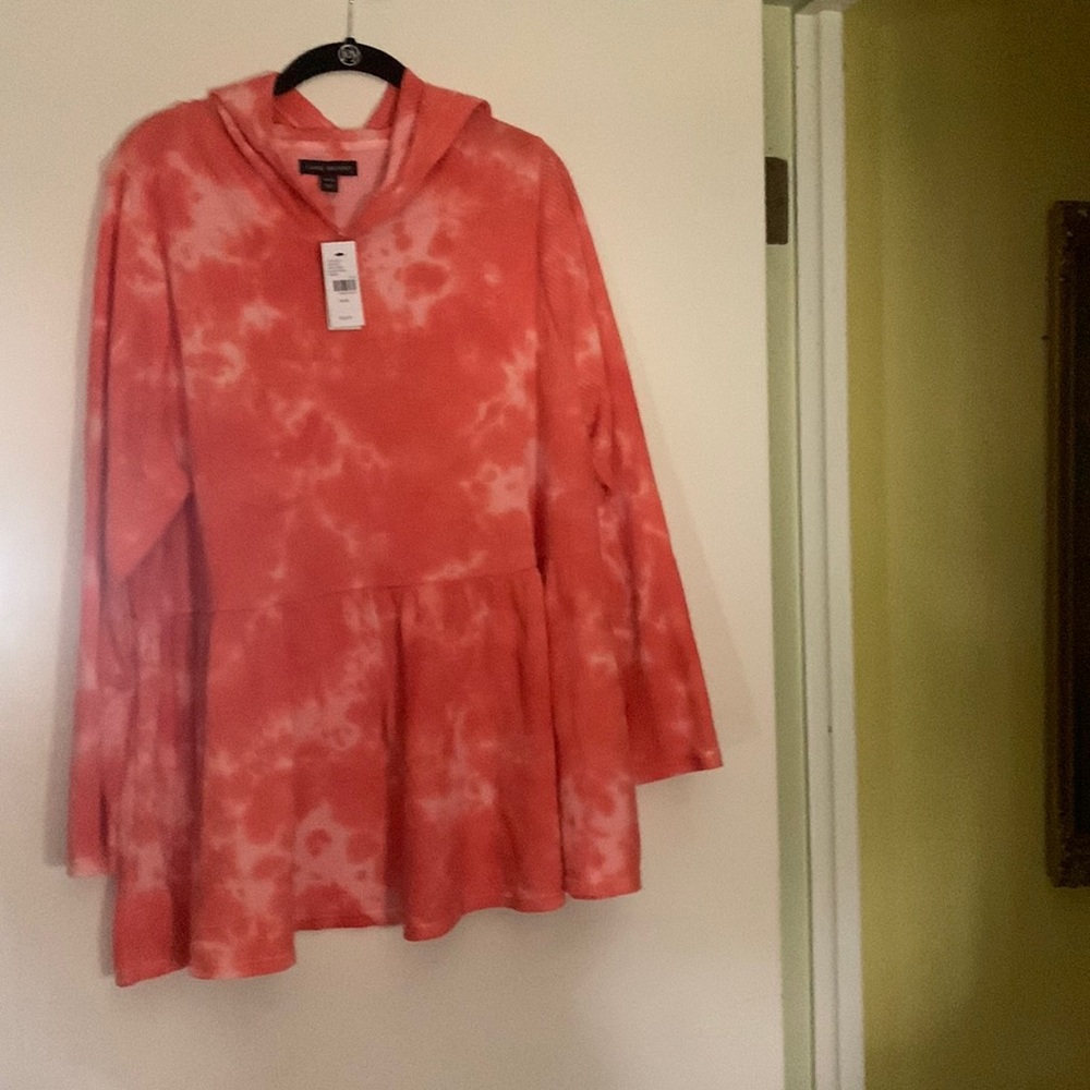 LANE BRYANT NWT Shirt Salmon/White tiered waffle knit with hoodie